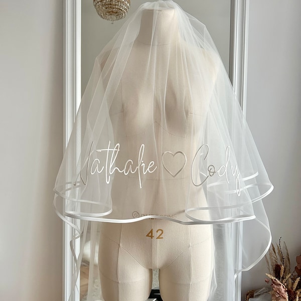 Bespoke personalized wedding veil, embroidered phrases, words, initials, blusher soft tulle veil. Lace, ribbon edges, bridal cathedral veil