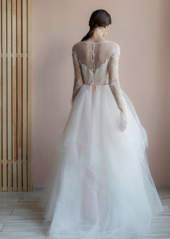 Custom Lace Wedding Dress: Elopement Boho Blush Tulle Bridal Gown