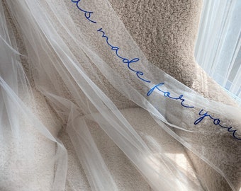 Custom personalized wedding veil with embroidered phrases, words, letters, initials, Cathedral bridal veil. Monogram white tulle veil