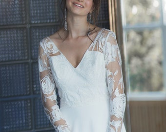 Floral Lace Wedding Dress:Original Open Back, Long Sleeve, Minimalist Bridal Gown
