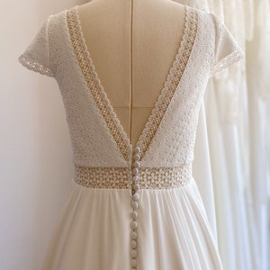 Simple wedding dress V neckline, modest open back bridal gown for rustic and boho wedding, macrame short sleeve dress