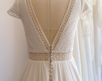 Simple wedding dress V neckline, modest open back bridal gown for rustic and boho wedding, macrame short sleeve dress