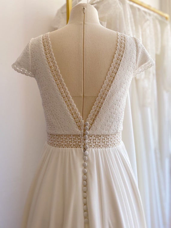 Custom Simple Wedding Dress: Boho Macrame Open Back Bridal Gown, Short Sleeve, Chiffon Skirt Custom Simple Wedding Dress: Boho Macrame Open Back Bridal Gown, Short Sleeve, Chiffon Skirt