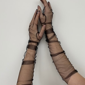 Black tulle Gloves, Colour tulle gloves, Pink Ladies gloves, Blue-grey cream tulle gloves, Prom gloves of opera length, Long Bridal Gloves