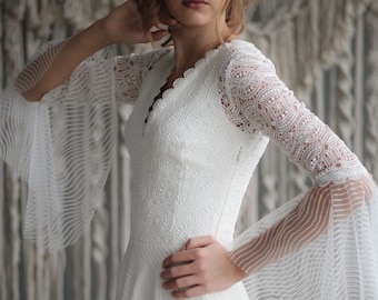 Simple Wedding gown White Dove, Elegant, modern wedding dress, Bohemian bridal dress, Macrame, Rustic wed gown, Bell sleeve bridal gown