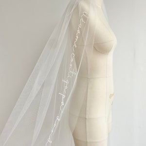 Stylish bespoke wedding veil, embroidered phrases, words, initials, Cathedral, chapel bridal veil, long lace-edged veil. Custom personalized