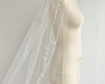 Stylish bespoke wedding veil, embroidered phrases, words, initials, Cathedral, chapel bridal veil, long lace-edged veil. Custom personalized