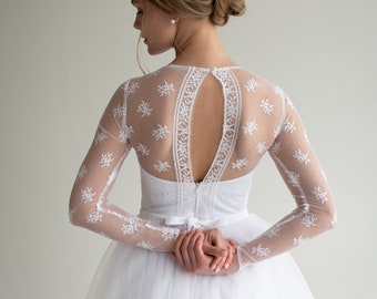 Elegant lace wedding dress, long sleeve, closed back, lush tulle skirt, classic style gown for romantic princess wedding