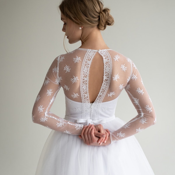 Elegant lace wedding dress, long sleeve, closed back, lush tulle skirt, classic style gown for romantic princess wedding