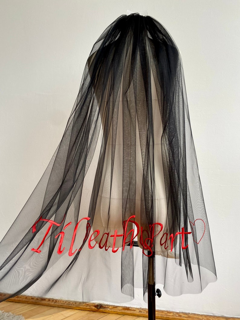 Bespoke black color wedding veil with embroidered words, initials, cathedral/chapel length, lace/ribbon edged. custom gothic TILL DEATH veil image 9