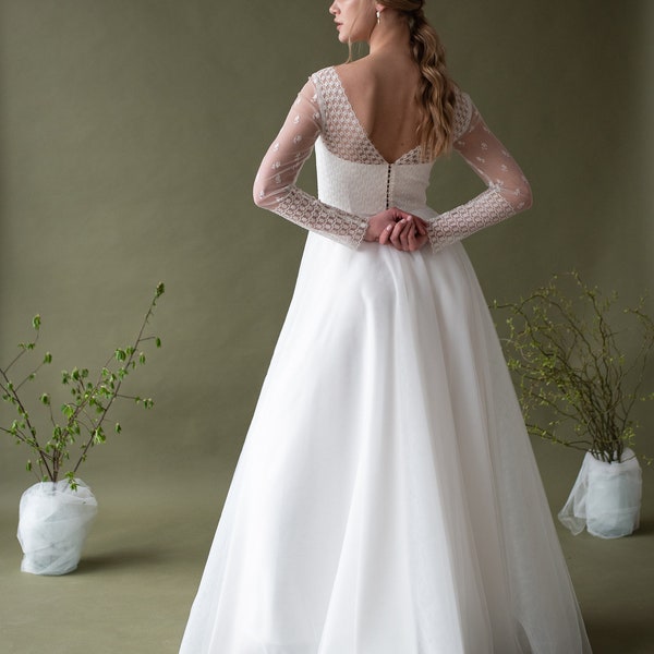 Lace ivory wedding dress long sleeves, V open back, boat neck, romantic tulle skirt, unique bohemian gown for modest simple wedding