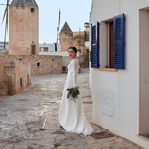 Bohemian minimalistic wedding dress, open back gown, long sleeve, boat neckline bridal dress, modest, simple macrame, rustic elopement gown image 8