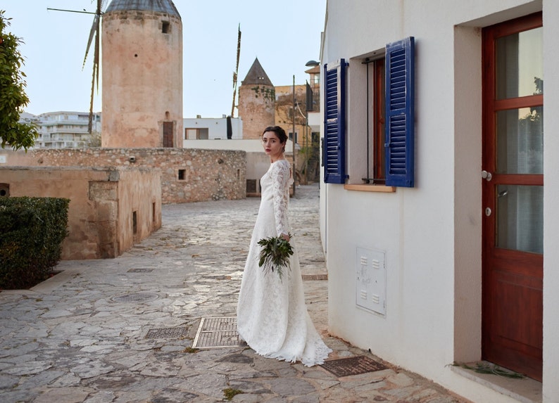 Bohemian minimalistic wedding dress, open back gown, long sleeve, boat neckline bridal dress, modest, simple macrame, rustic elopement gown image 8