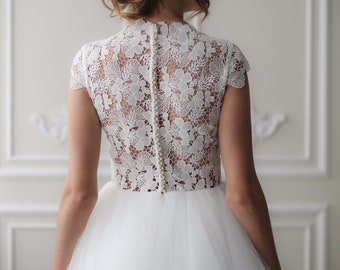 Tender lace simple wedding dress, modest closed buttoned back, whimsical, tulle skirt, short sleeve, bespoke , made to order bridal gown