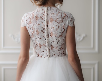 Macrame lace simple wedding dress, modest closed buttoned back, whimsical, romantic tulle skirt, short sleeve, bohemian elopement wedding
