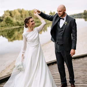 Bohemian simple wedding dress macrame, deep V open buttoned back, original 3/4 long sleeve, minimalist boat neckline, rustic modest bride White