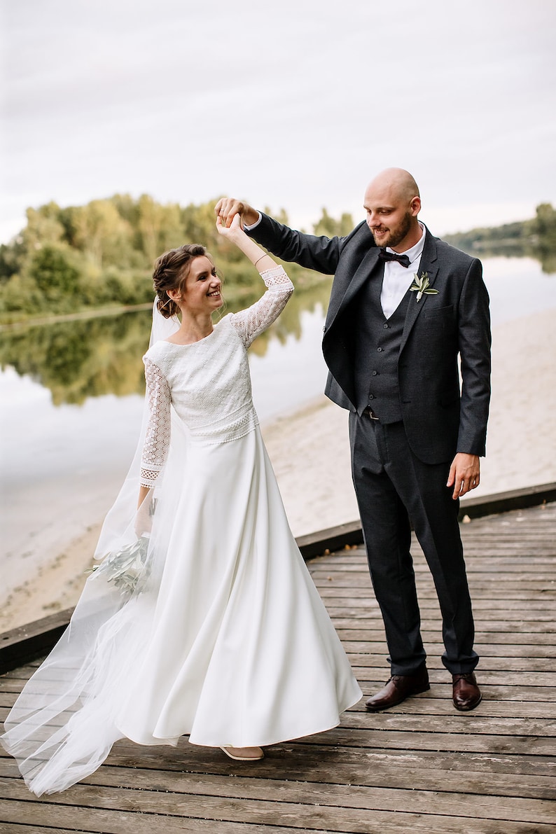 Bohemian simple wedding dress macrame, deep V open buttoned back, original 3/4 long sleeve, minimalist boat neckline, rustic modest bride White