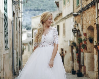 Lush tulle bohemian romantic wedding dress, Open buttoned back, V-neckline,  whimsical lace macrame for unique bride, rustic wedding day