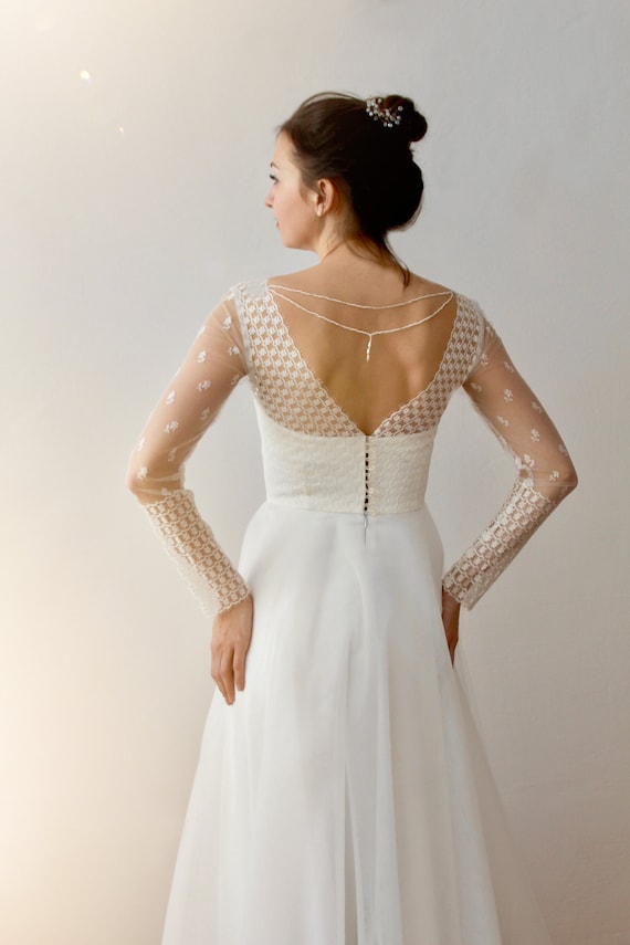 French Lace Long Sleeve Wedding Dress: Open Back, A-line Tulle Skirt, Romantic Bride