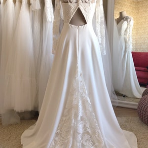 Open back lace wedding dress, V neckline, long sleeve, unique boho style, modest and simple gown for classic, winter, minimalist wedding image 9