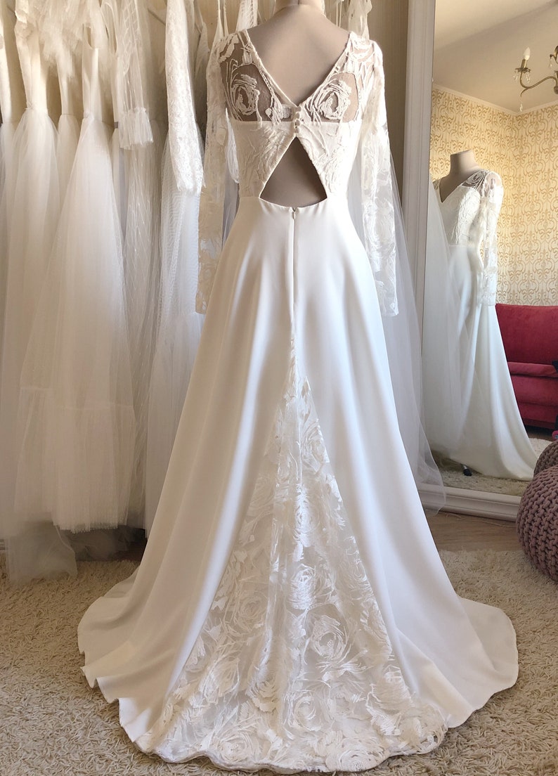 Open back lace wedding dress, V neckline, long sleeve, unique boho style, modest and simple gown for classic, winter, minimalist wedding image 9