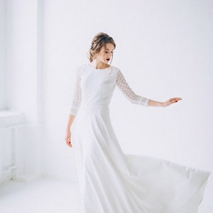 Simple bohemian macrame Wedding dress, deep V-neck back whimsical bridal gown, modest minimalist A-line skirt, for elopement rustic day image 6