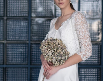 Sale, simple modest wedding dress, bohemian macrame bolero, minimalistic straps, sleeveless dress with train, elopement rustic wedding style