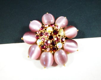 pearlescent enamel and silk Vintage MONET moonglow flower brooch with rhinestones
