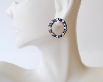 Vintage Dainty Blue Rhinestone Earrings,  Blue and Clear Circle Rhinestone Earrings, Blue Rhinestone Pierced Earrings