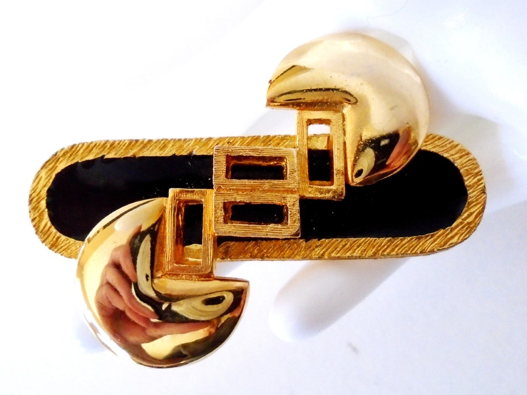 Modern Pin Modernist Abstract Black Enamel Gold Pin, Vintage Black and Gold ...