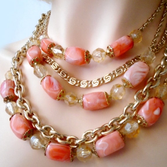 CORO 5 Strand Pink Necklace, Vintage Gold Chain N… - image 1