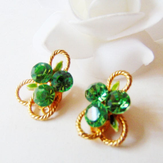 Green Rhinestone Flower Clip Earrings, Green Rhine