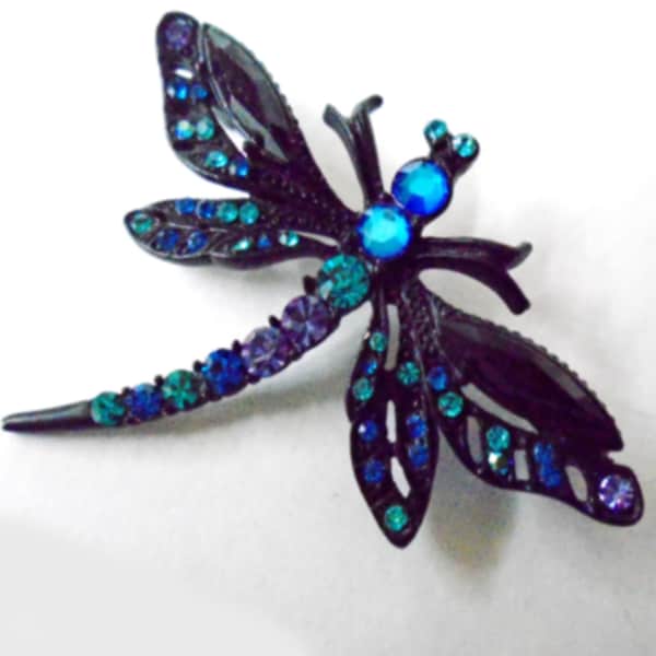 Blue and Purple Rhinestone Dragonfly Brooch, Vintage Blue Rhinestone Japanned Dragonfly Brooch, Blue and Purple Dragonfly Pin