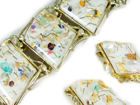 blue with glitter confetti /& earrings LARGE Lucite fifties bracelet