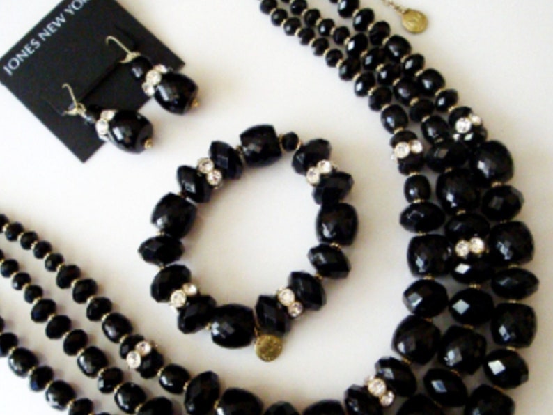 Jones New York Black Necklace Bracelet Earrings Set Black Faceted Bead and Rhinestone JNY Statement Necklace Bracelet and Dangle Earrings