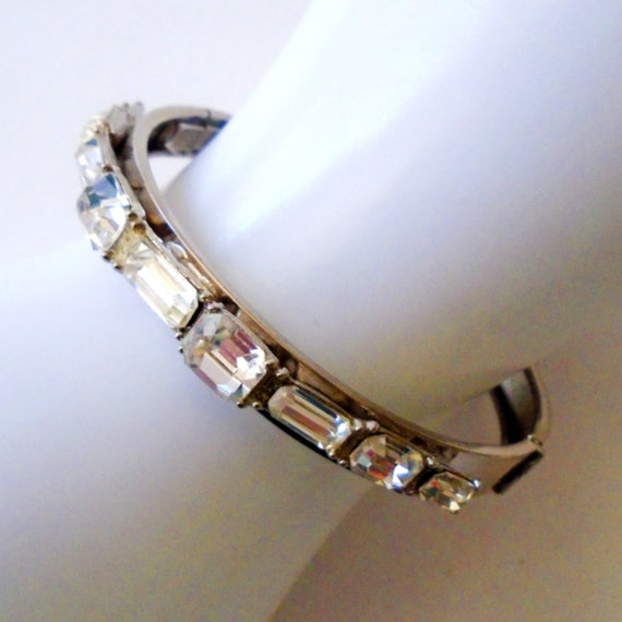 Silver Rhinestone Hinged Bracelet, Clear Rhinesto… - image 2