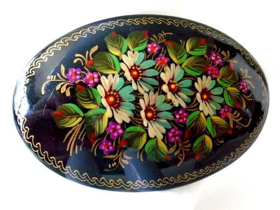 Vintage Black Floral Russian Brooch, 80's Handpai… - image 1