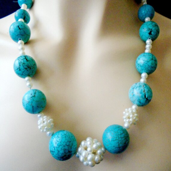 Vintage Turquoise Bead Pearl Necklace, Vintage Tu… - image 1
