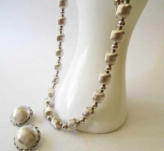WHITING & DAVIS Brushed Silver Bead Necklace and … - image 1
