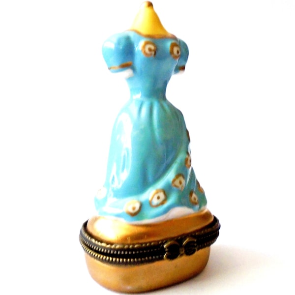 Vintage Blue Dress Form Brass Hinged Trinket Box, Vintage Blue Dress Porcelain Collectible Box, Blue Dress Form Limoges Style Trinket Box