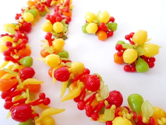 Fruit Necklace and Clip Earrings, 60s Plastic Frui