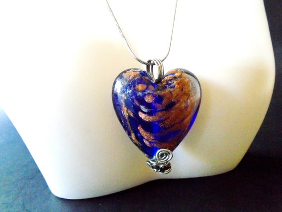 Vintage Blue Glass Heart Necklace, Silver Glass H… - image 2