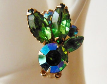 Rhinestone Clip Earrings, Beautiful Greenish-Blueish Iridescent AB Rhinestone Earrings, Vintage Navette Clip Earrings