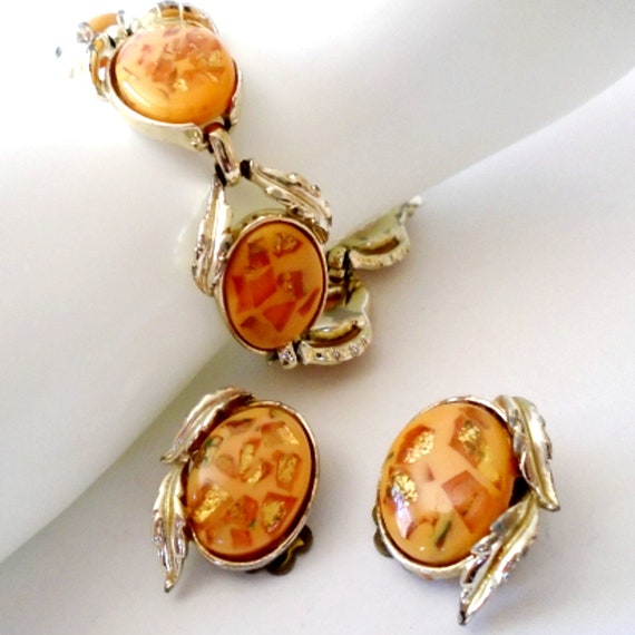 CORO Confetti Bracelet and Clip Earrings, Coro  Orange Bracelet and Earrings, Orange Confetti Bracelet and Clip Earrings
