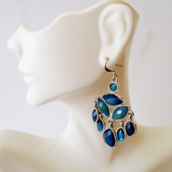 Blue Rhinestone Long Dangle Earrings, 90's Blue Te
