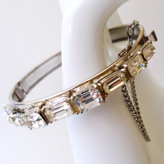 Silver Rhinestone Hinged Bracelet, Clear Rhinesto… - image 1