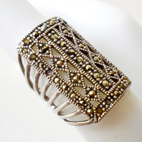 Rectangle 925 Silver Marcasite Ring, Signed 925 S… - image 1