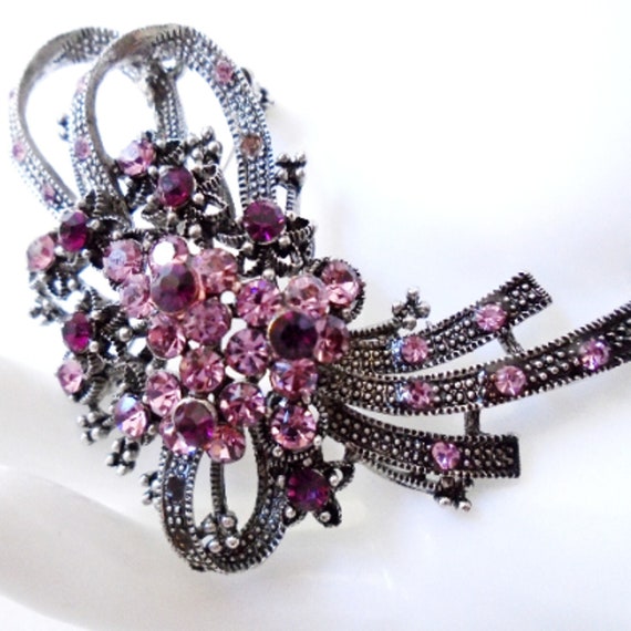 Purple and Pink Rhinestone Bouquet Silver Brooch,… - image 1