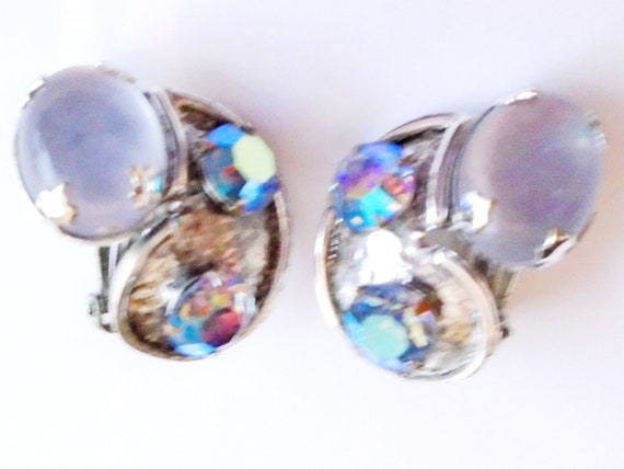 SELRO Blue AB Rhinestone Clip Earrings, Purple Mo… - image 2