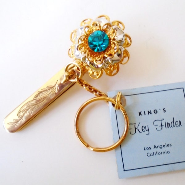 KING'S 70's Gold Flower Key Finder, Vintage Jeweled Flower Purse Clip Key Ring, NWT King's Los Angeles Flower Key Ring